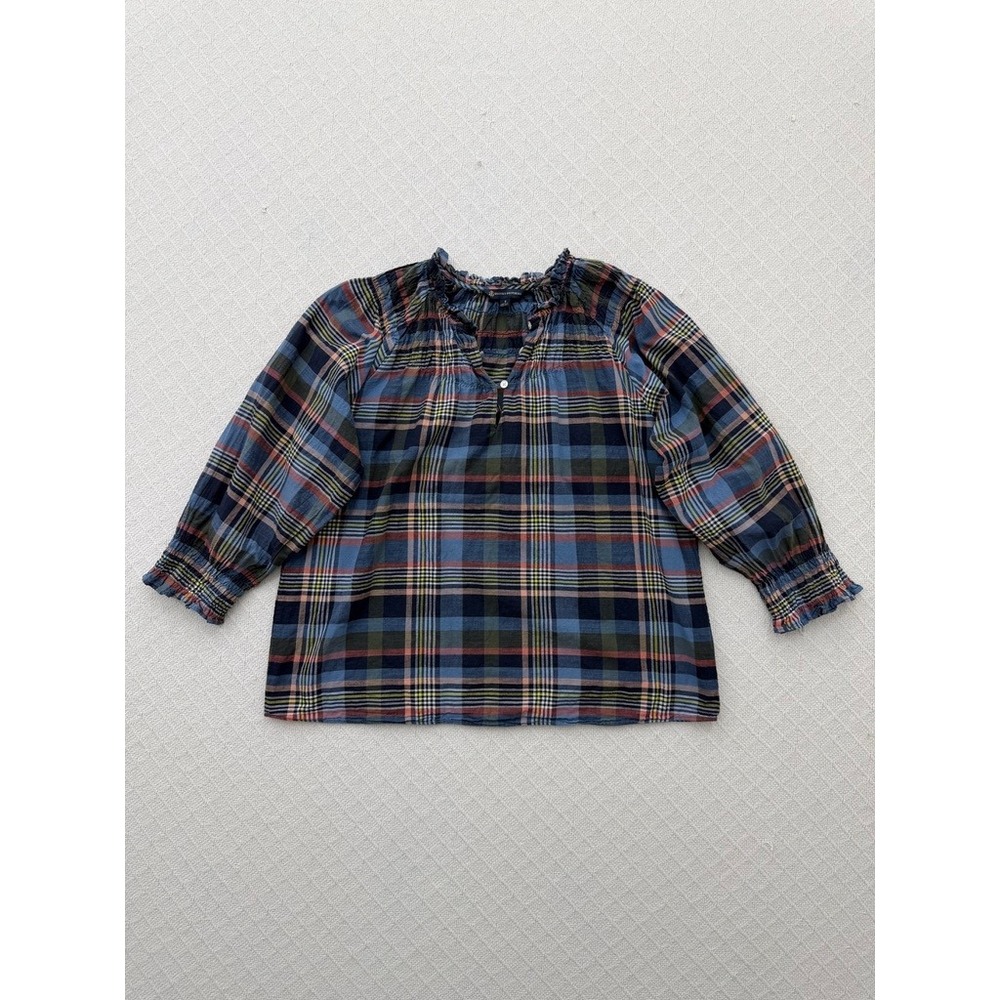 Brooks Brothers Plaid 100% Cotton Smocked Ruffle Blouse Lightweight Womens Small